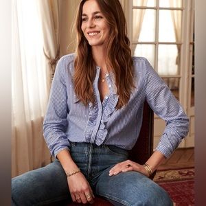 Sezane Effy Shirt Blue Stripes Ecru Ruffle Trim Button Down